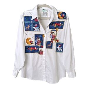 Quacker Factory Christmas Santa Embroidered Shirt – Whimsical Patchwork Large